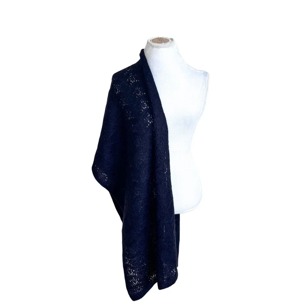 Ann Taylor LOFT Womens Pointelle Knit Vintage Scarf Wrap Black Wool Mohair OS
